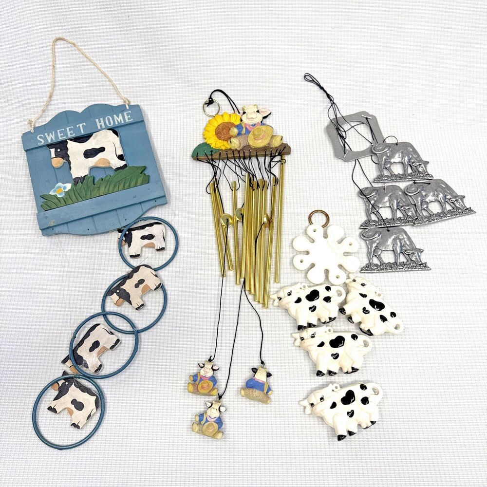 Vintage Collection of Cow Themed Wind Chimes Various Materials - Folk Farmhouse